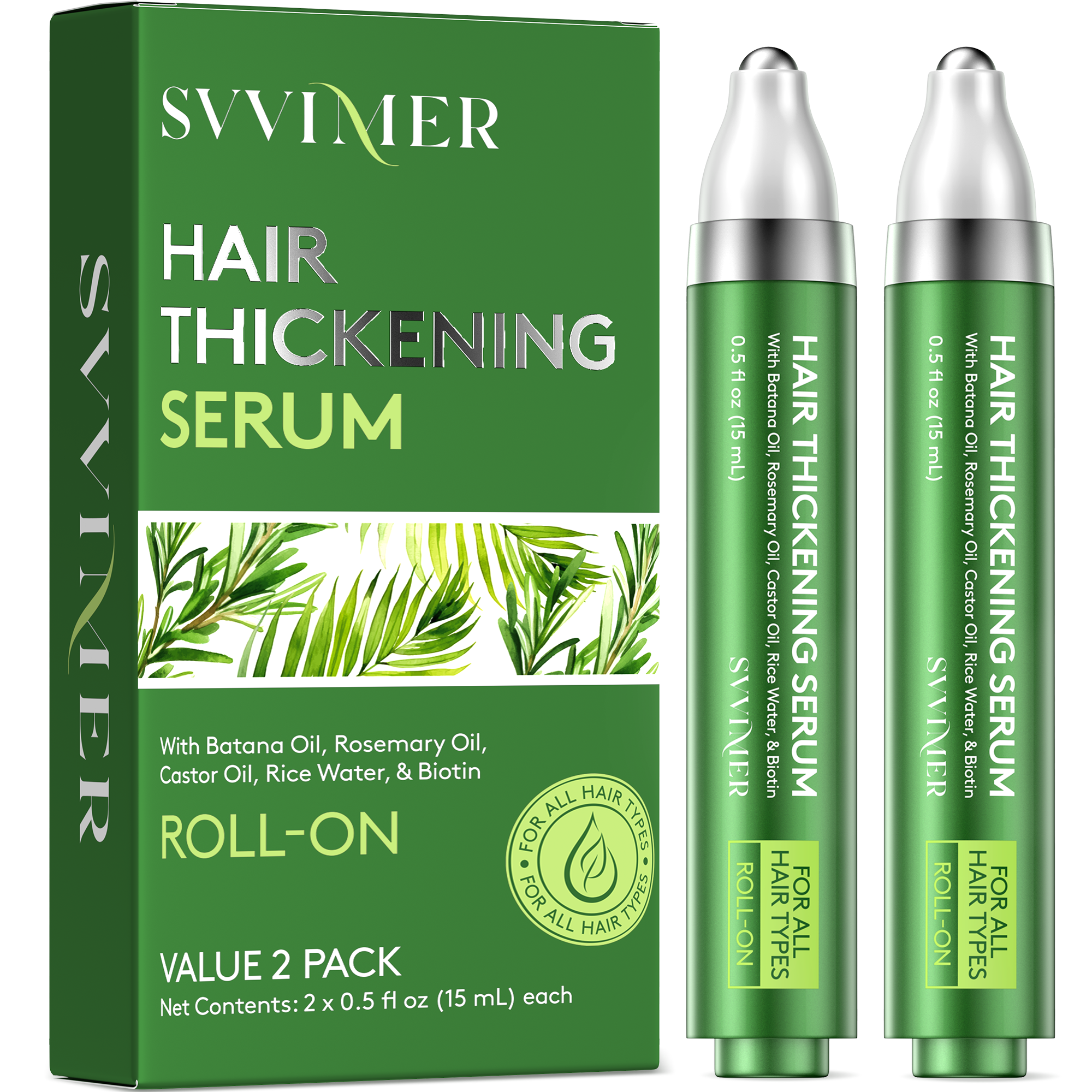 Svvimer Hair Growth Serum Roll On - with Rosemary Batana Oil Biotin Thickening Scalp Serum for Thinning Hair and Loss - for Women and Men 2 PCS 15ml/each