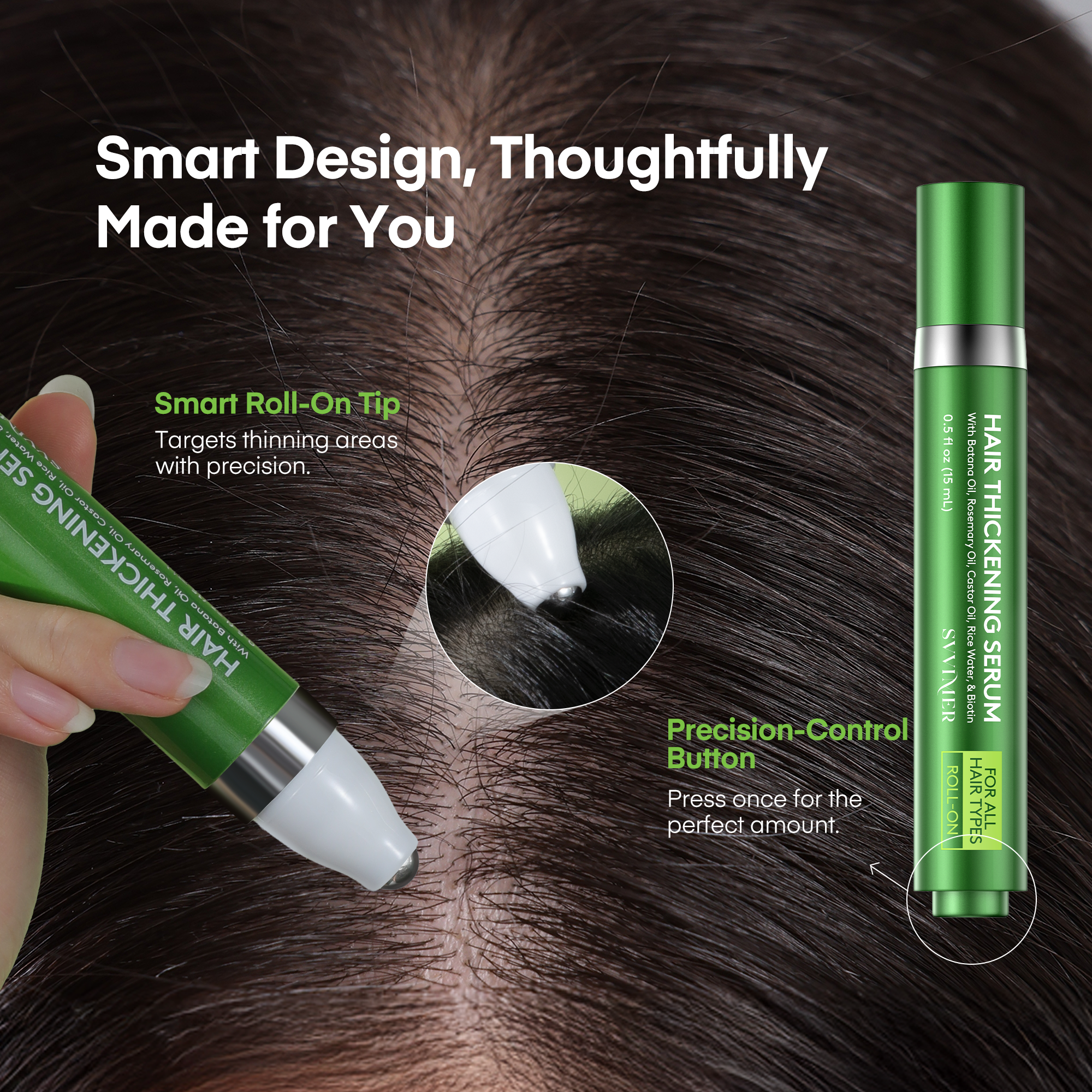 Svvimer Hair Growth Serum Roll On - with Rosemary Batana Oil Biotin Thickening Scalp Serum for Thinning Hair and Loss - for Women and Men 2 PCS 15ml/each
