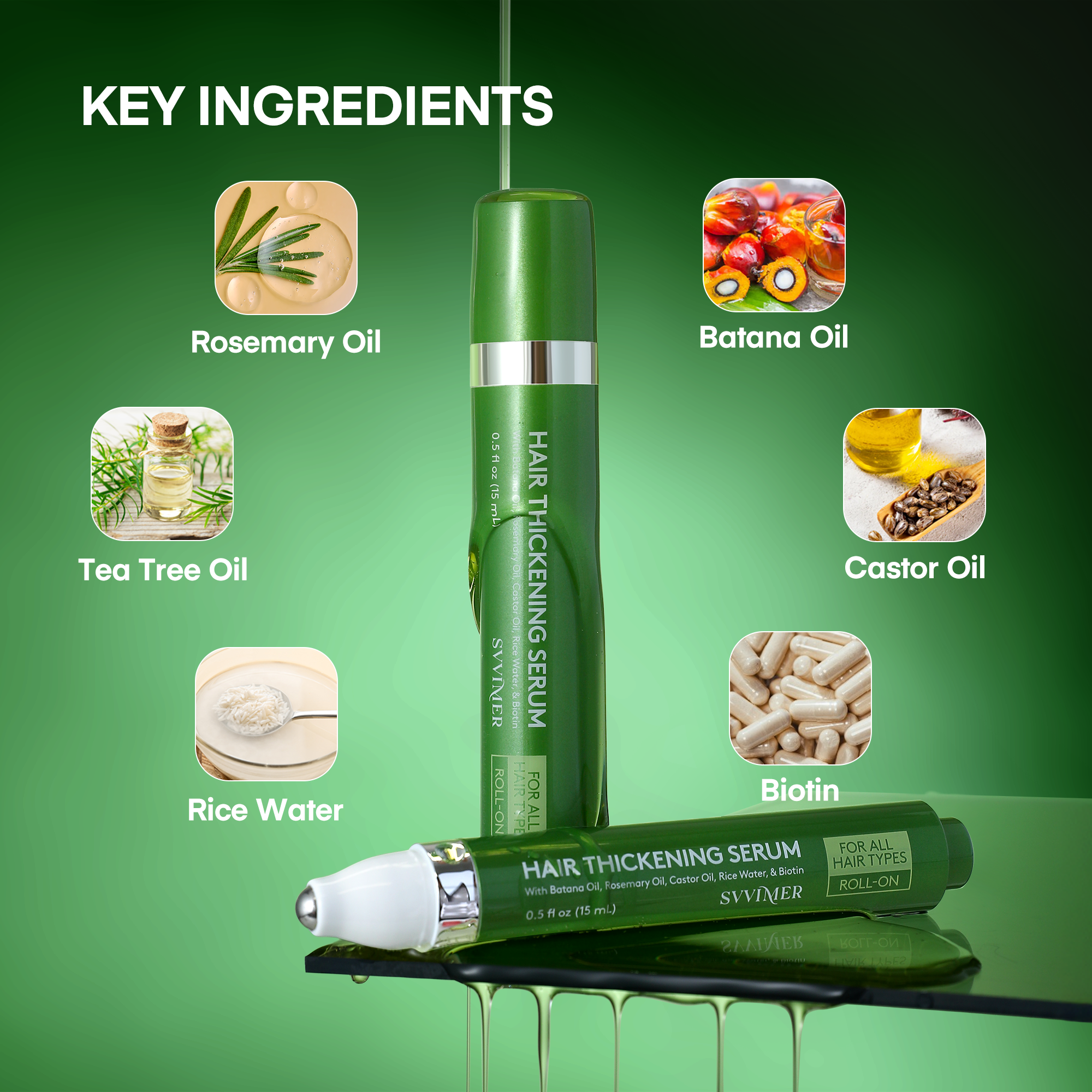 Svvimer Hair Growth Serum Roll On - with Rosemary Batana Oil Biotin Thickening Scalp Serum for Thinning Hair and Loss - for Women and Men 2 PCS 15ml/each